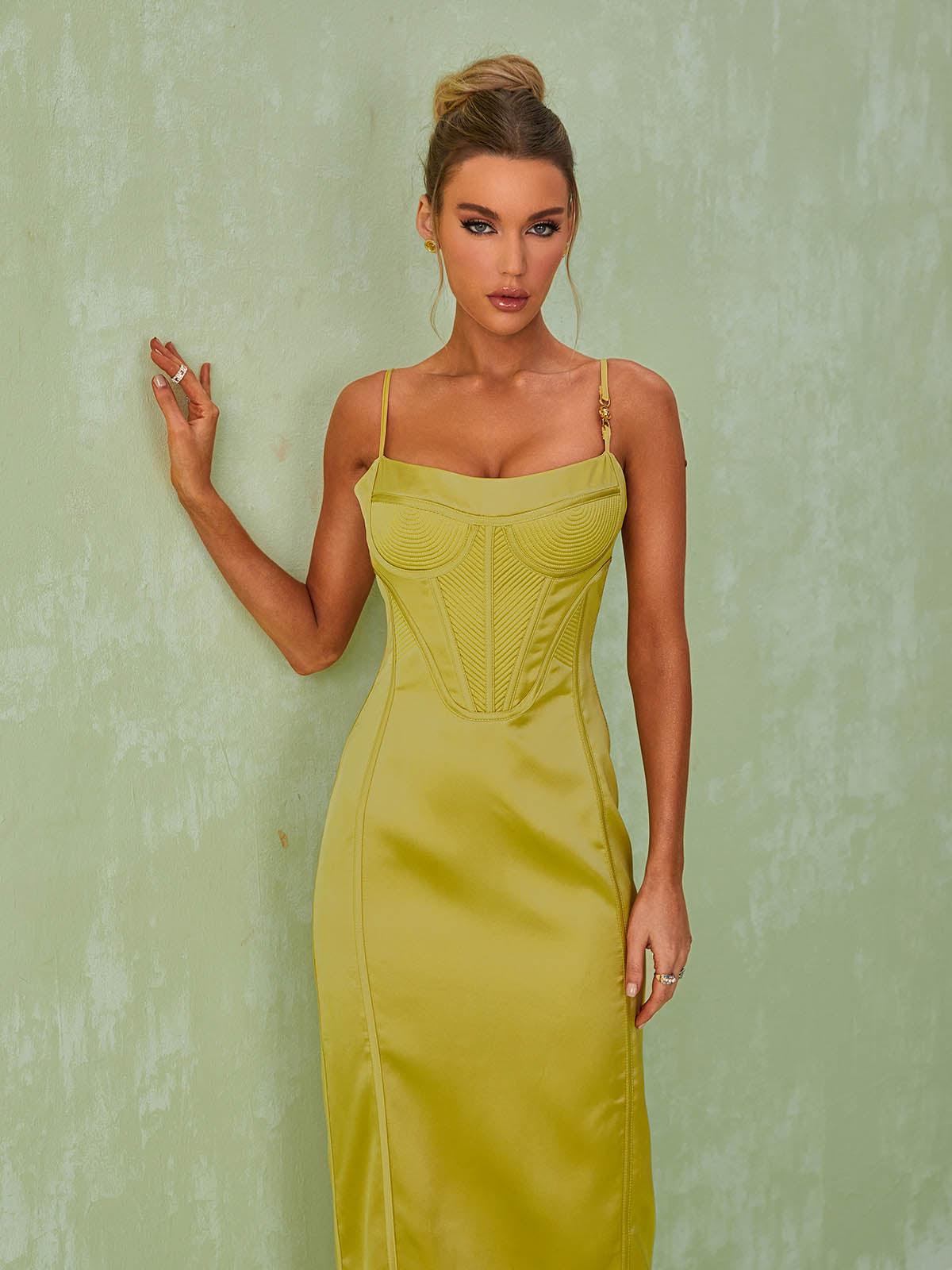 Satin Corset Midi Dress In Green | Mix Mix Style [Hot Seller]-Mix MIx Style