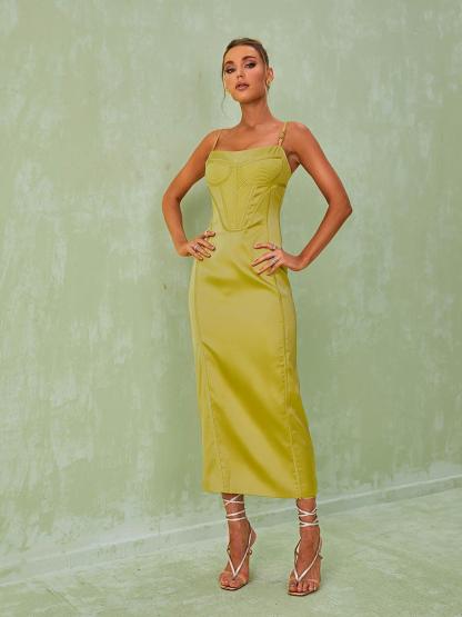 Satin Corset Midi Dress In Green | Mix Mix Style [Hot Seller]-Mix MIx Style