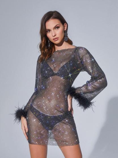 See-through Mesh Diamond Feather Mini Dress In Black | Mix Mix Style [Hot Seller]-Mix MIx Style