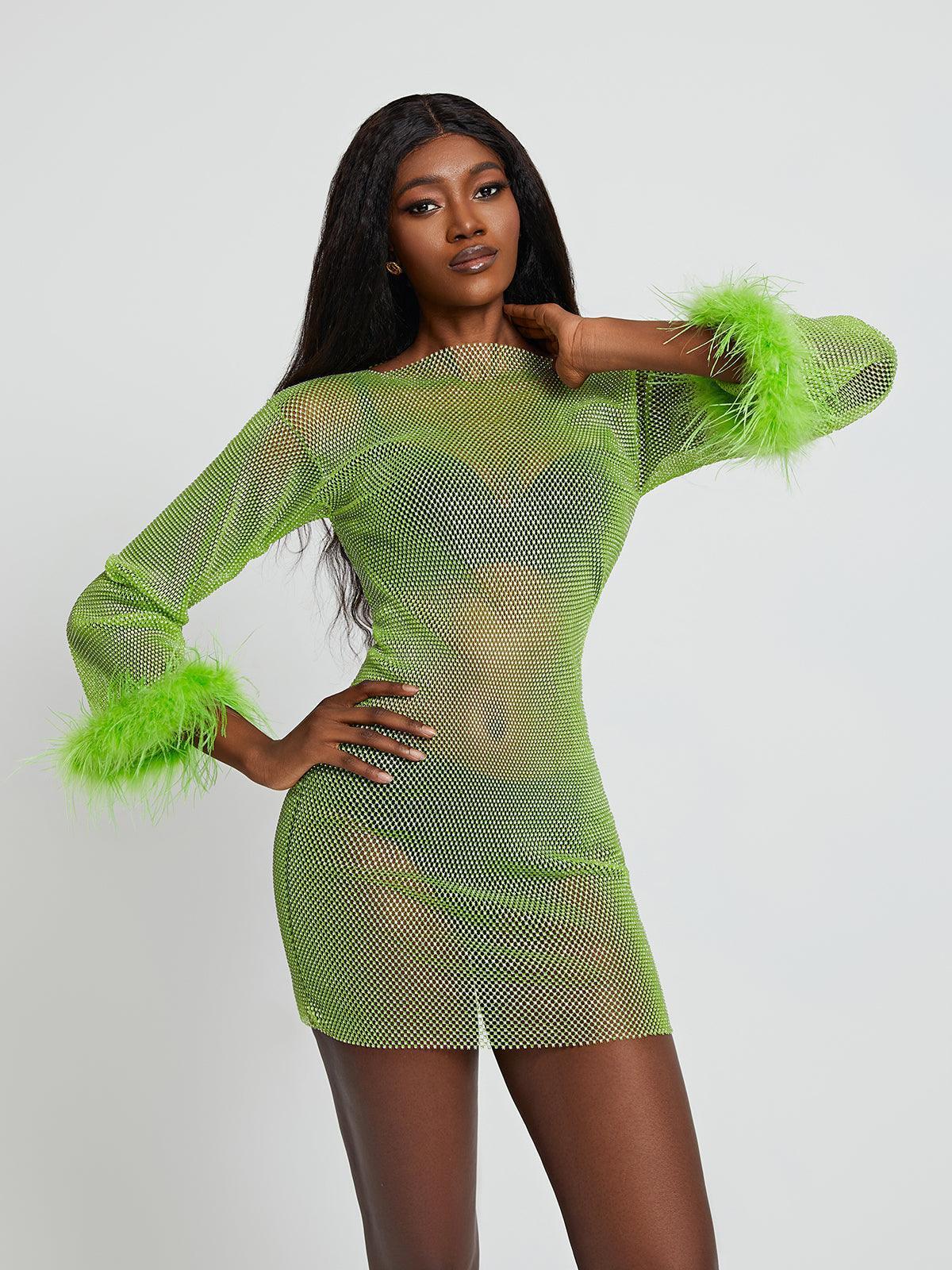 Aliyah Mesh Diamond Feather Mini Dress In Green-Mix MIx Style
