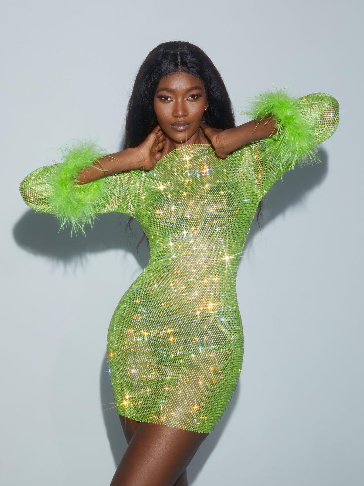 Aliyah Mesh Diamond Feather Mini Dress In Green-Mix MIx Style