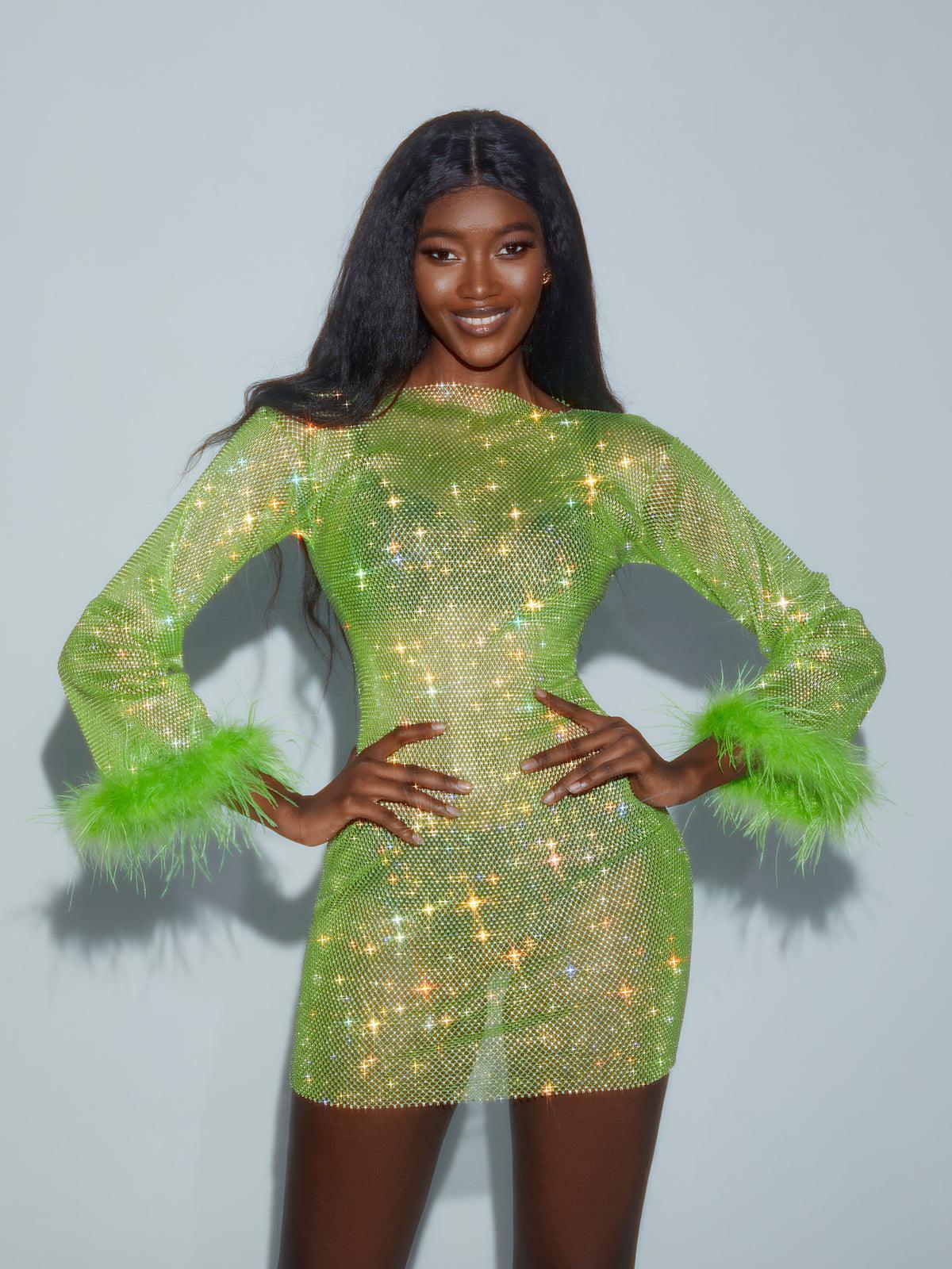 Aliyah Mesh Diamond Feather Mini Dress In Green-Mix MIx Style