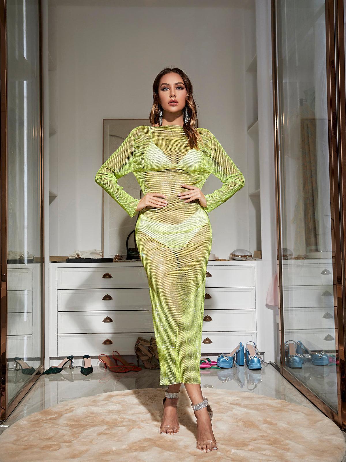 Aliza Long Sleeve Mesh Diamond Maxi Dress In Green-Mix MIx Style