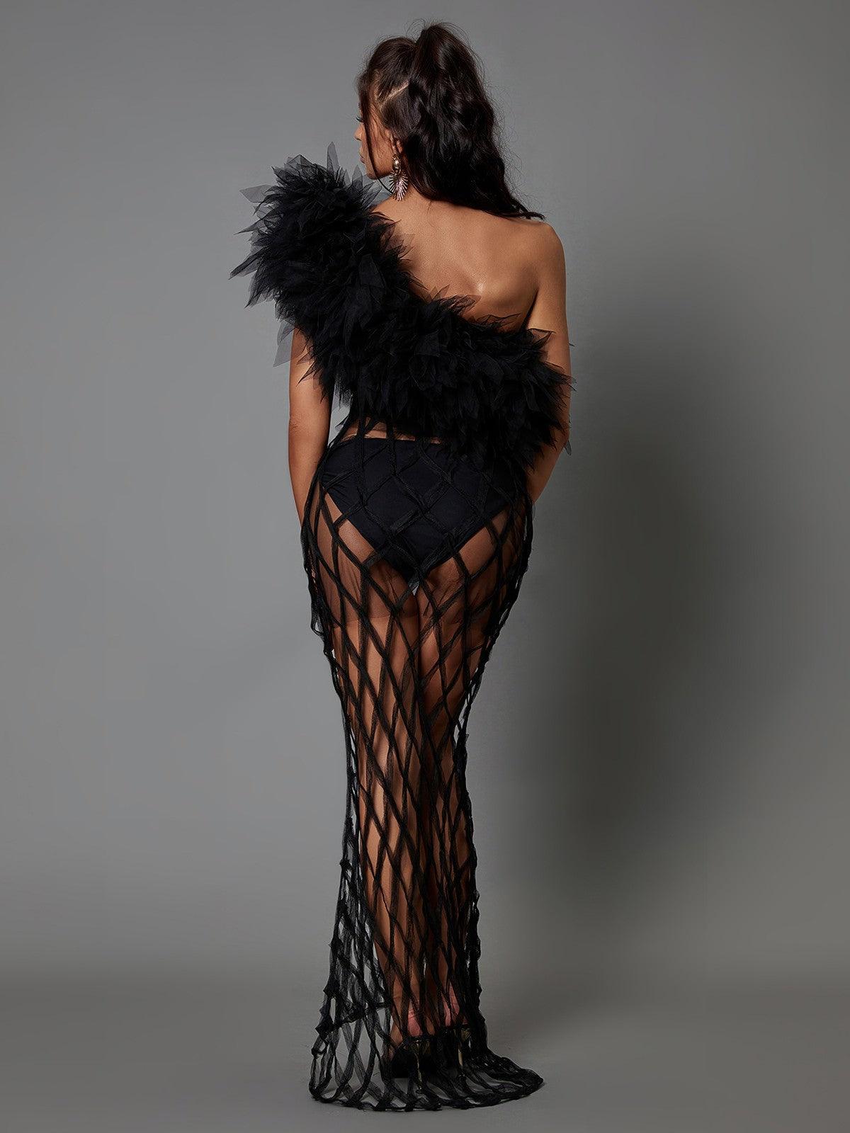 One Shoulder Tulle Maxi Dress in black | Mix Mix Style [Hot Seller]-Mix MIx Style