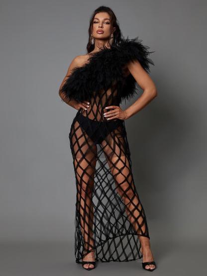 One Shoulder Tulle Maxi Dress in black | Mix Mix Style [Hot Seller]-Mix MIx Style