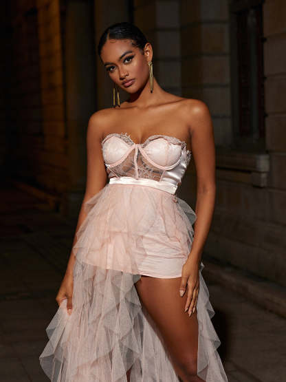 Pink Strapless Lace Tulle Maxi Dress | Mix Mix Style [Hot Seller]-Mix MIx Style