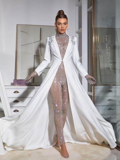 Trendy Silver Rhinestone Mesh Jumpsuit | Mix Mix Style [Hot Seller]-Mix MIx Style