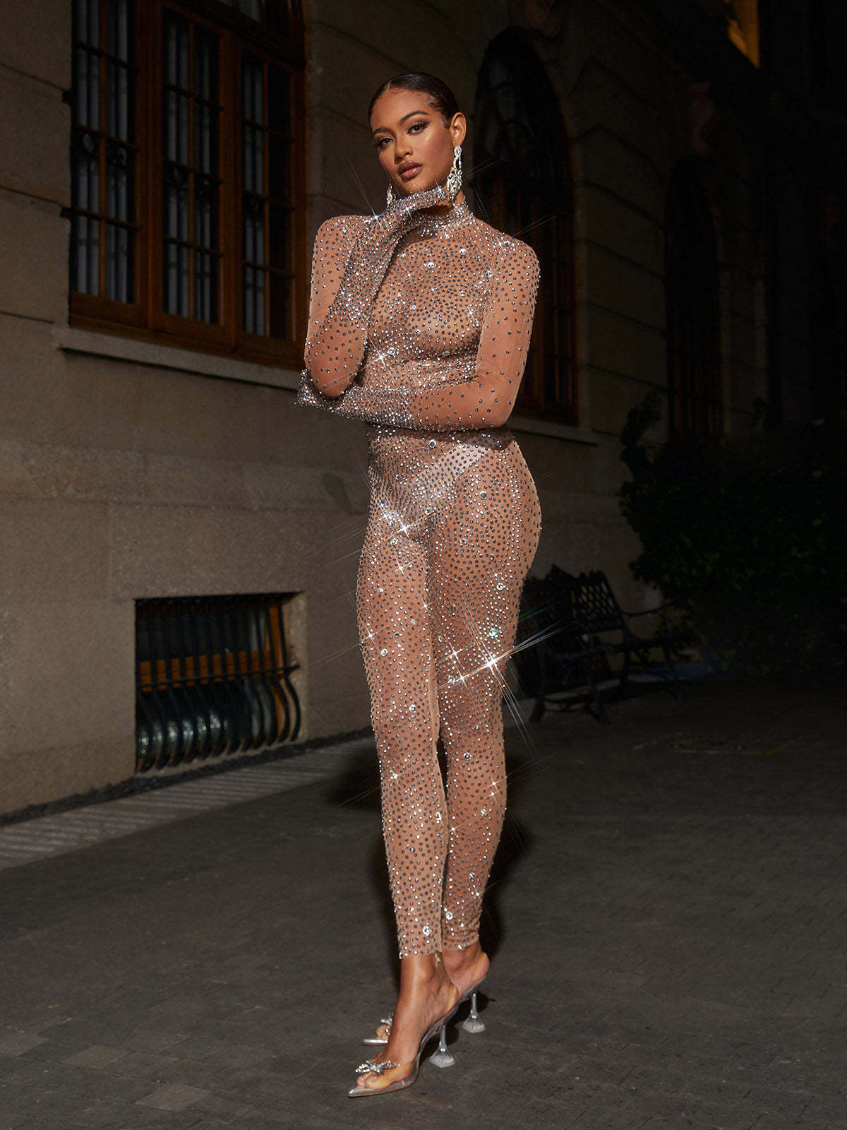 Rhinestone Mesh Jumpsuit In Dark Nude | Mix Mix Style [Hot Seller]-Mix MIx Style