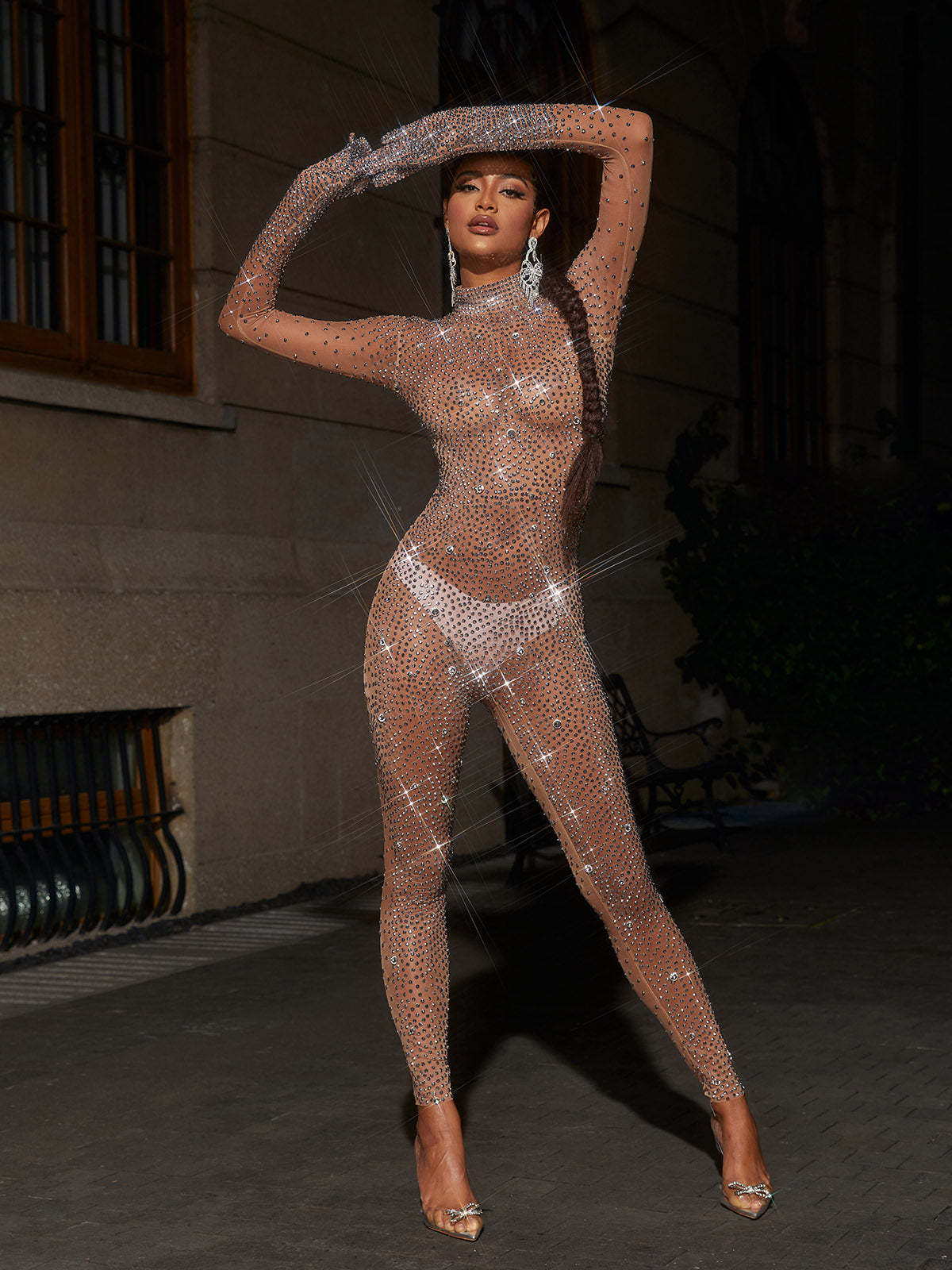 Rhinestone Mesh Jumpsuit In Dark Nude | Mix Mix Style [Hot Seller]-Mix MIx Style