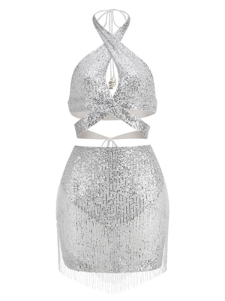 White Halterneck Sequin Mini Skirt & Crossneck Top Set In Silver | Mix Mix Style [Hot Seller]-Mix MIx Style