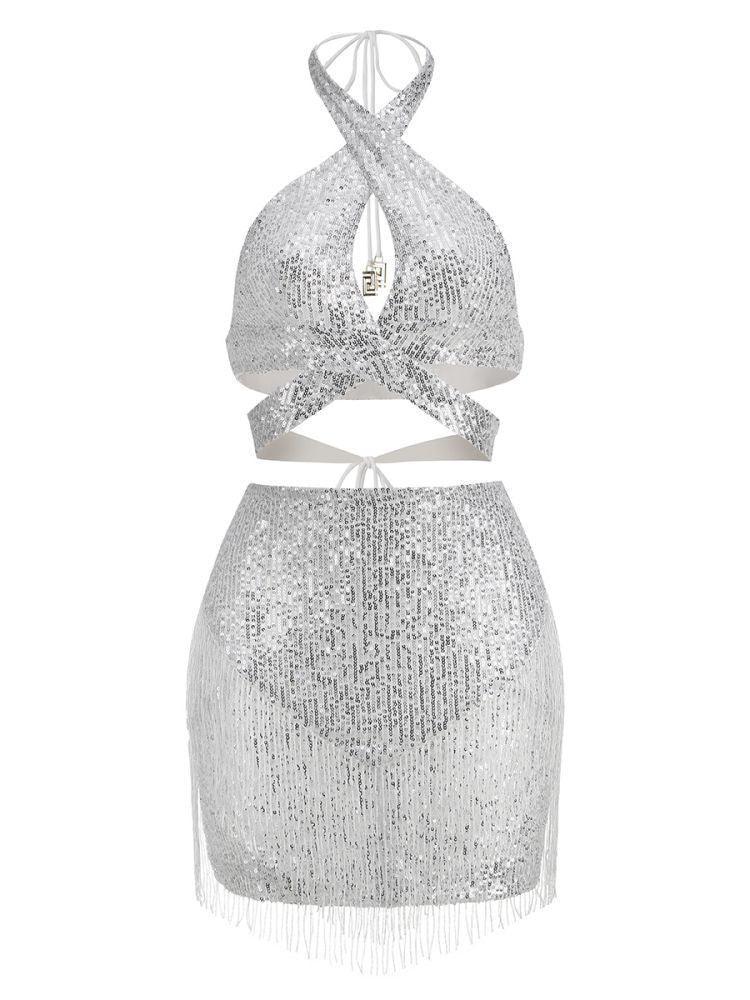 White Halterneck Sequin Mini Skirt & Crossneck Top Set In Silver | Mix Mix Style [Hot Seller]-Mix MIx Style