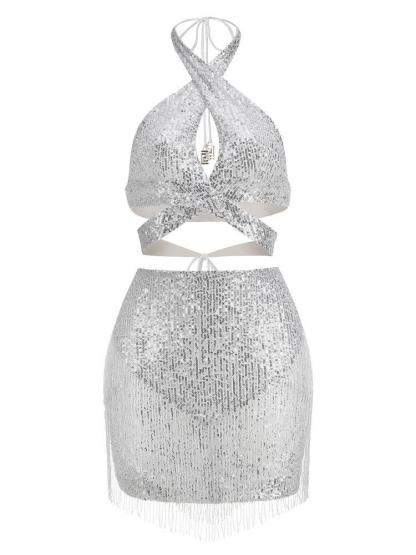 White Halterneck Sequin Mini Skirt & Crossneck Top Set In Silver | Mix Mix Style [Hot Seller]-Mix MIx Style
