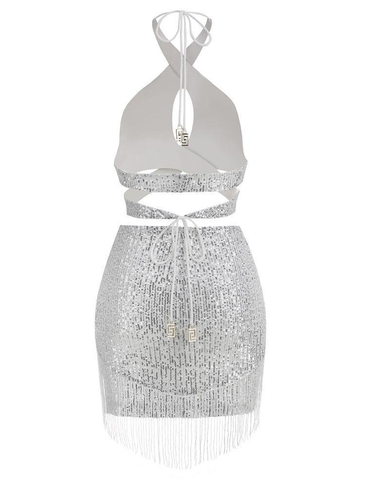 White Halterneck Sequin Mini Skirt & Crossneck Top Set In Silver | Mix Mix Style [Hot Seller]-Mix MIx Style