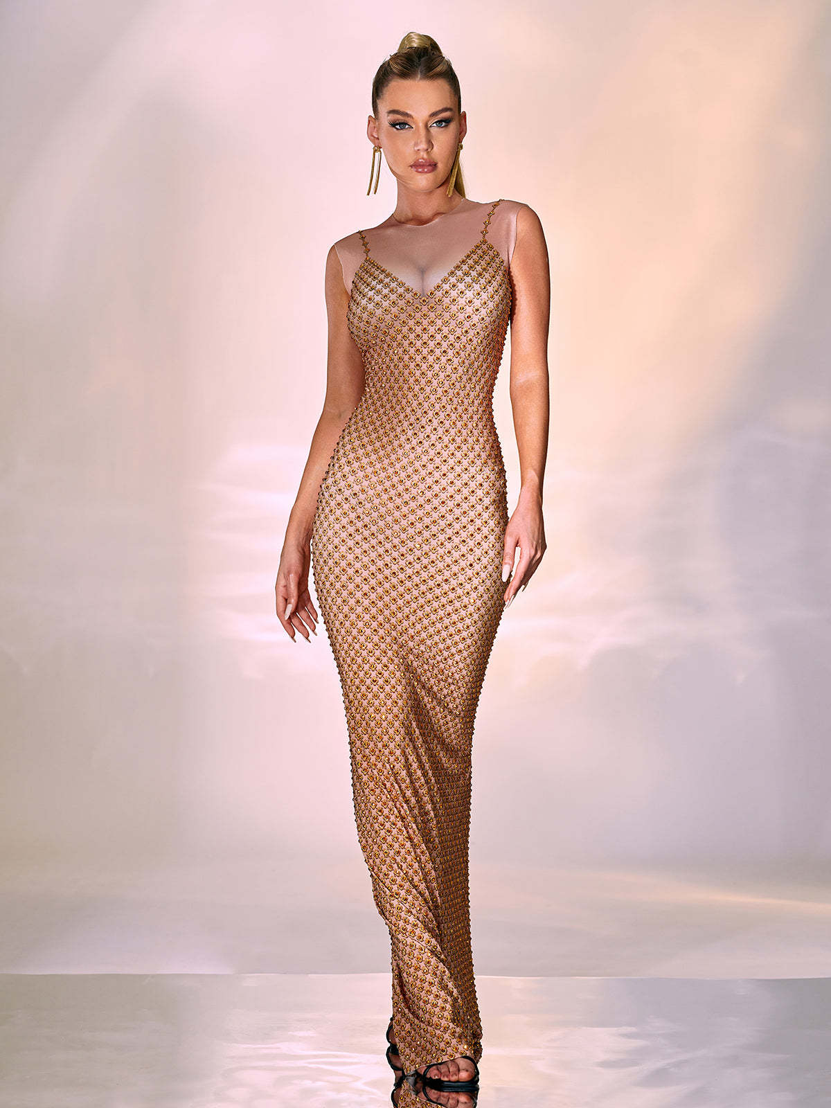 Beige Crystal Printed Mesh Maxi Dress | Mix Mix Style [Hot Seller]-Mix MIx Style