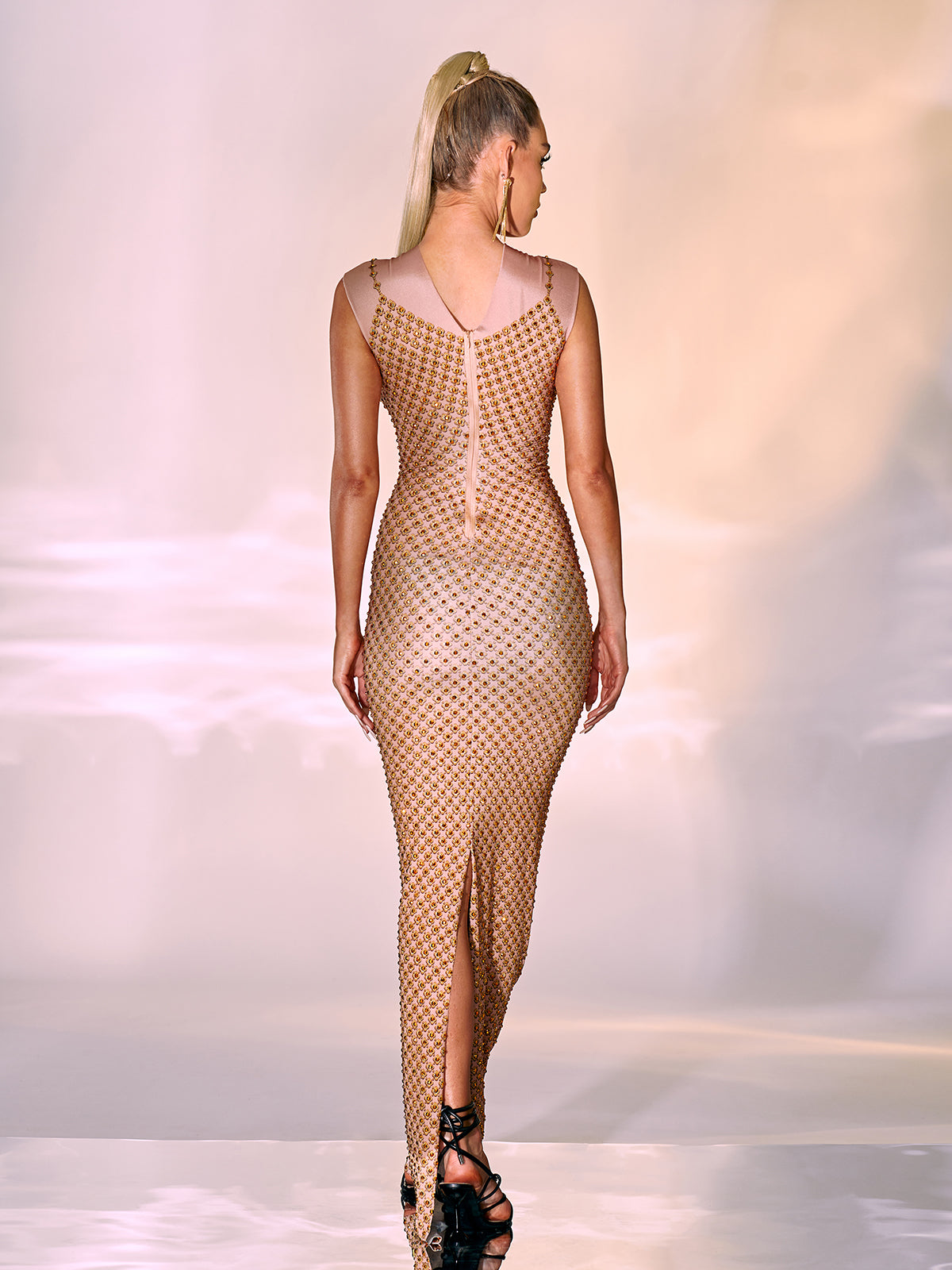 Beige Crystal Printed Mesh Maxi Dress | Mix Mix Style [Hot Seller]-Mix MIx Style