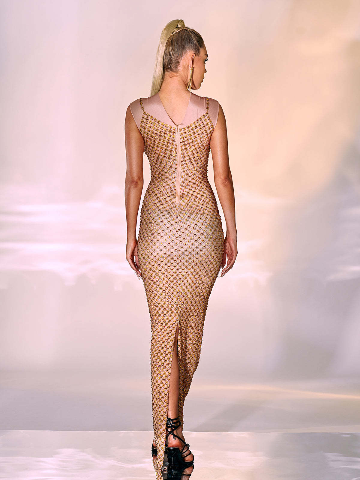 Beige Crystal Printed Mesh Maxi Dress | Mix Mix Style [Hot Seller]-Mix MIx Style