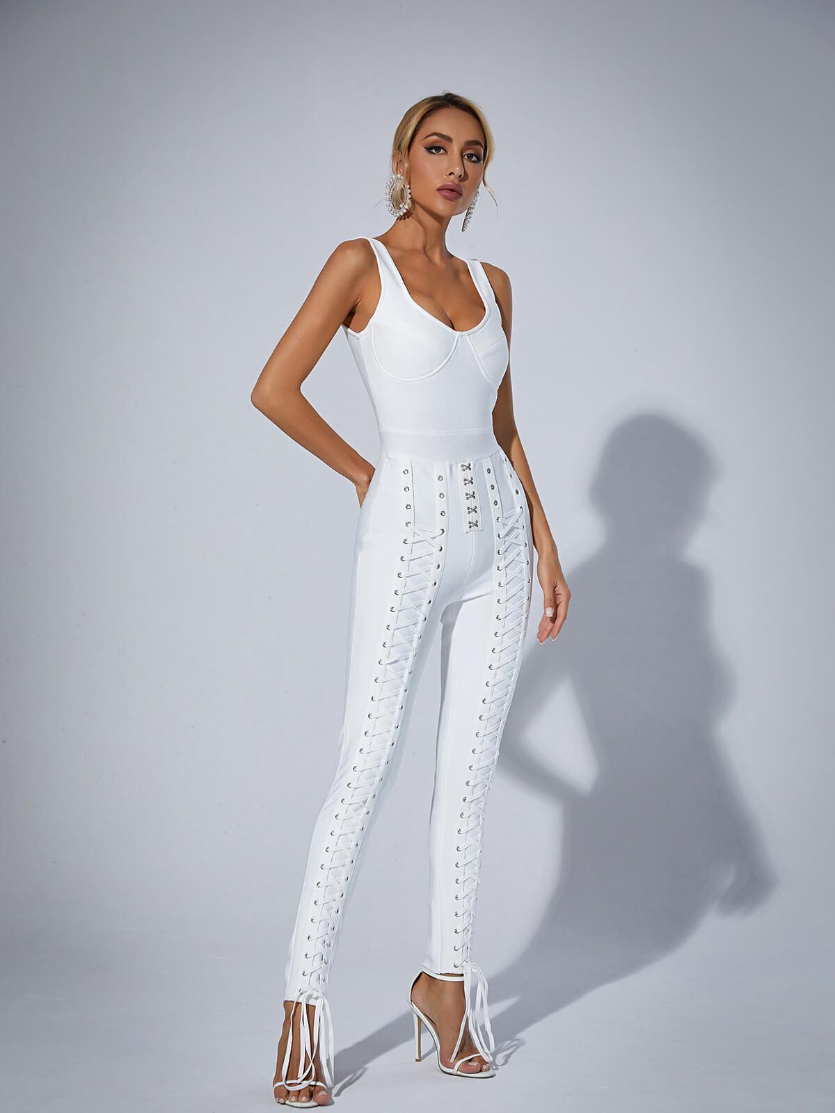 Amiyah Eyelet Lace Up Detail Jumpsuit In White-Mix MIx Style