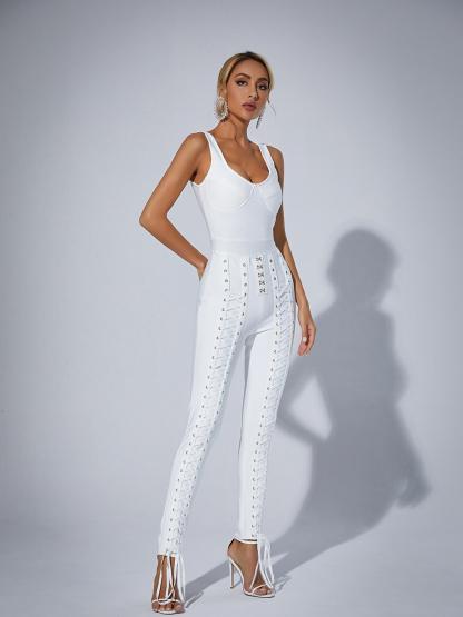 Amiyah Eyelet Lace Up Detail Jumpsuit In White-Mix MIx Style