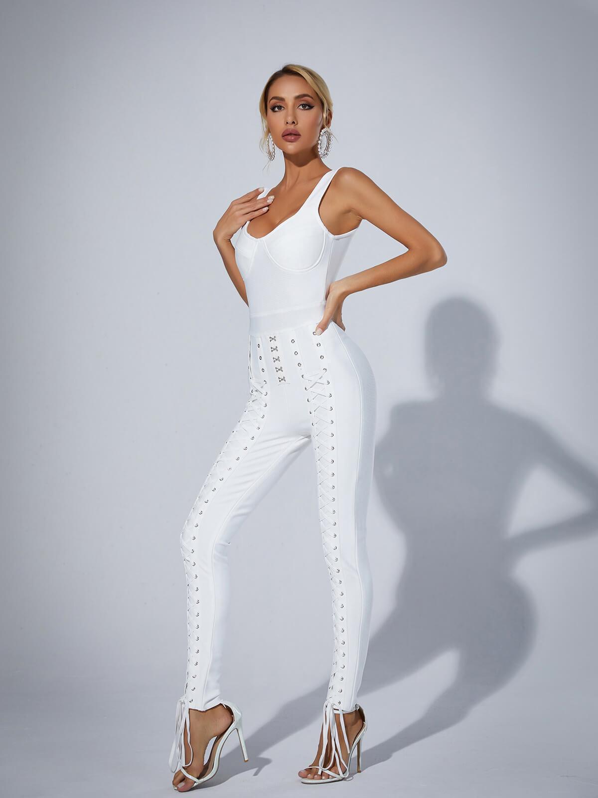 Amiyah Eyelet Lace Up Detail Jumpsuit In White-Mix MIx Style