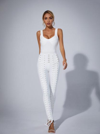 Amiyah Eyelet Lace Up Detail Jumpsuit In White-Mix MIx Style