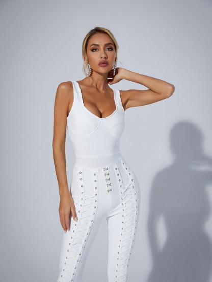 Amiyah Eyelet Lace Up Detail Jumpsuit In White-Mix MIx Style