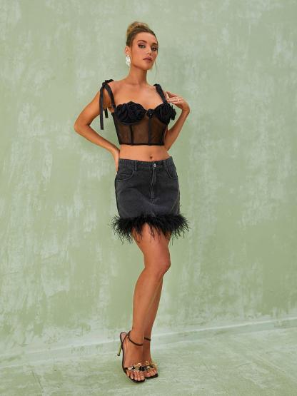 Vanille Feather Denim Mini Skirt-Mix MIx Style