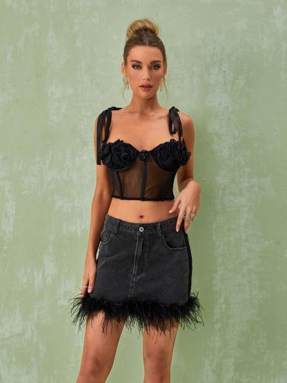 Vanille Feather Denim Mini Skirt-Mix MIx Style
