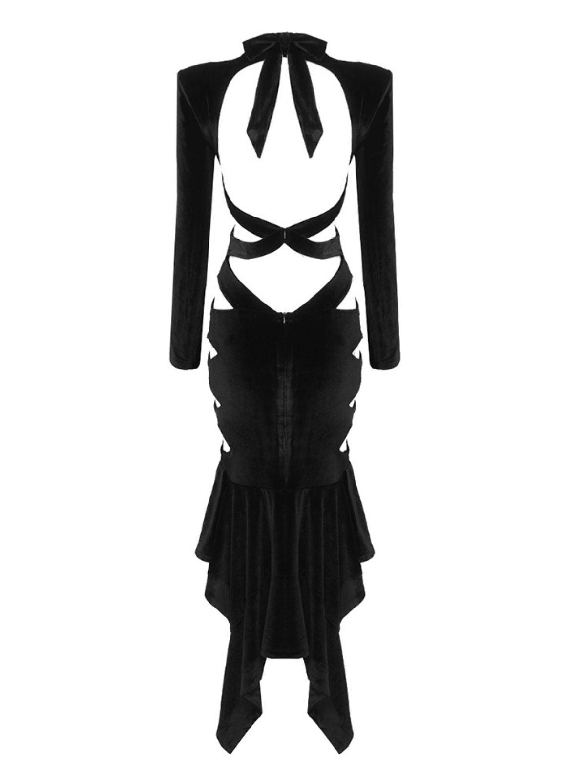 Black Long Sleeve Cutout Velvet Backless Midi Dress | Mix Mix Style [Hot Seller]-Mix MIx Style