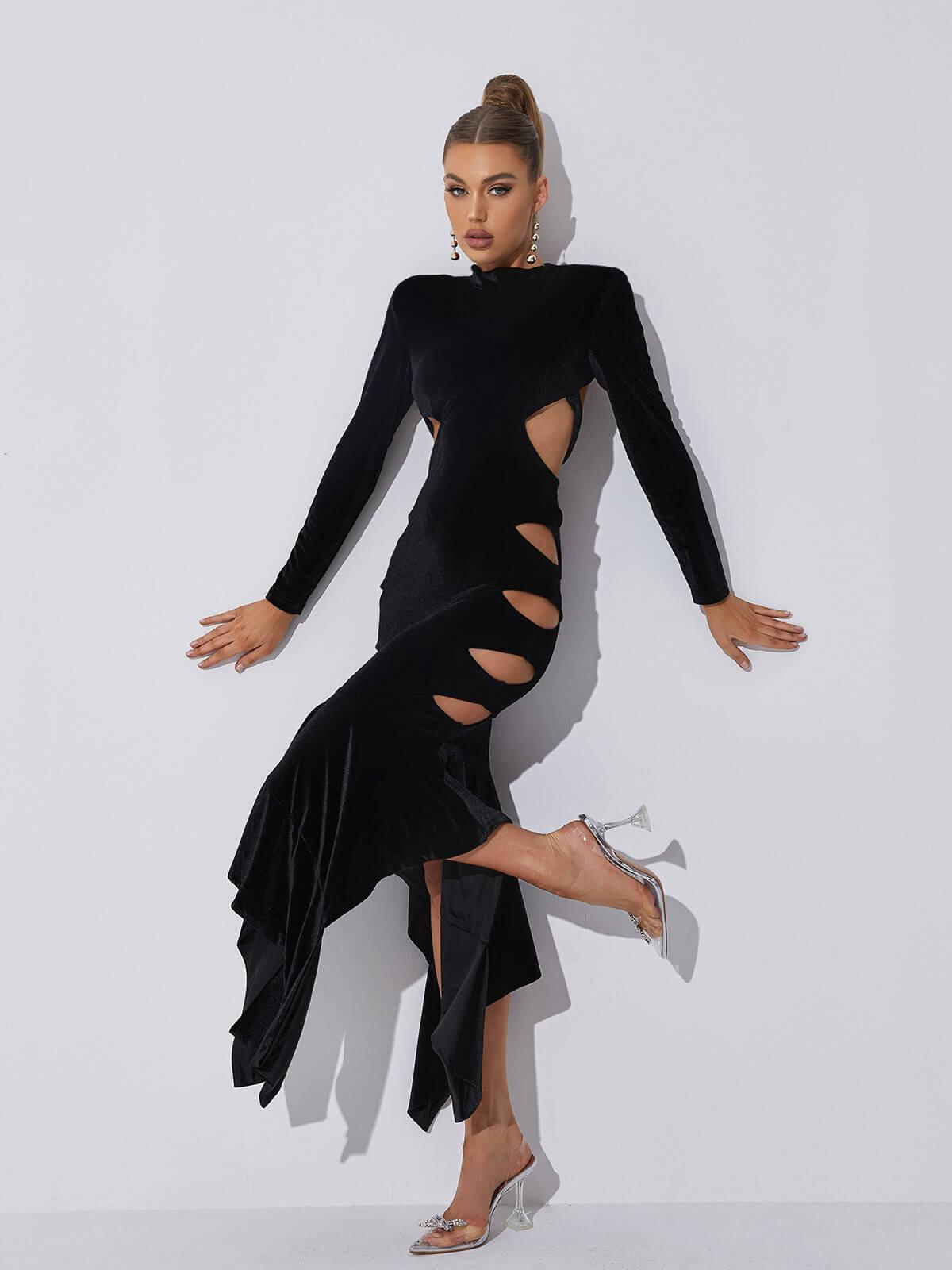 Black Long Sleeve Cutout Velvet Backless Midi Dress | Mix Mix Style [Hot Seller]-Mix MIx Style