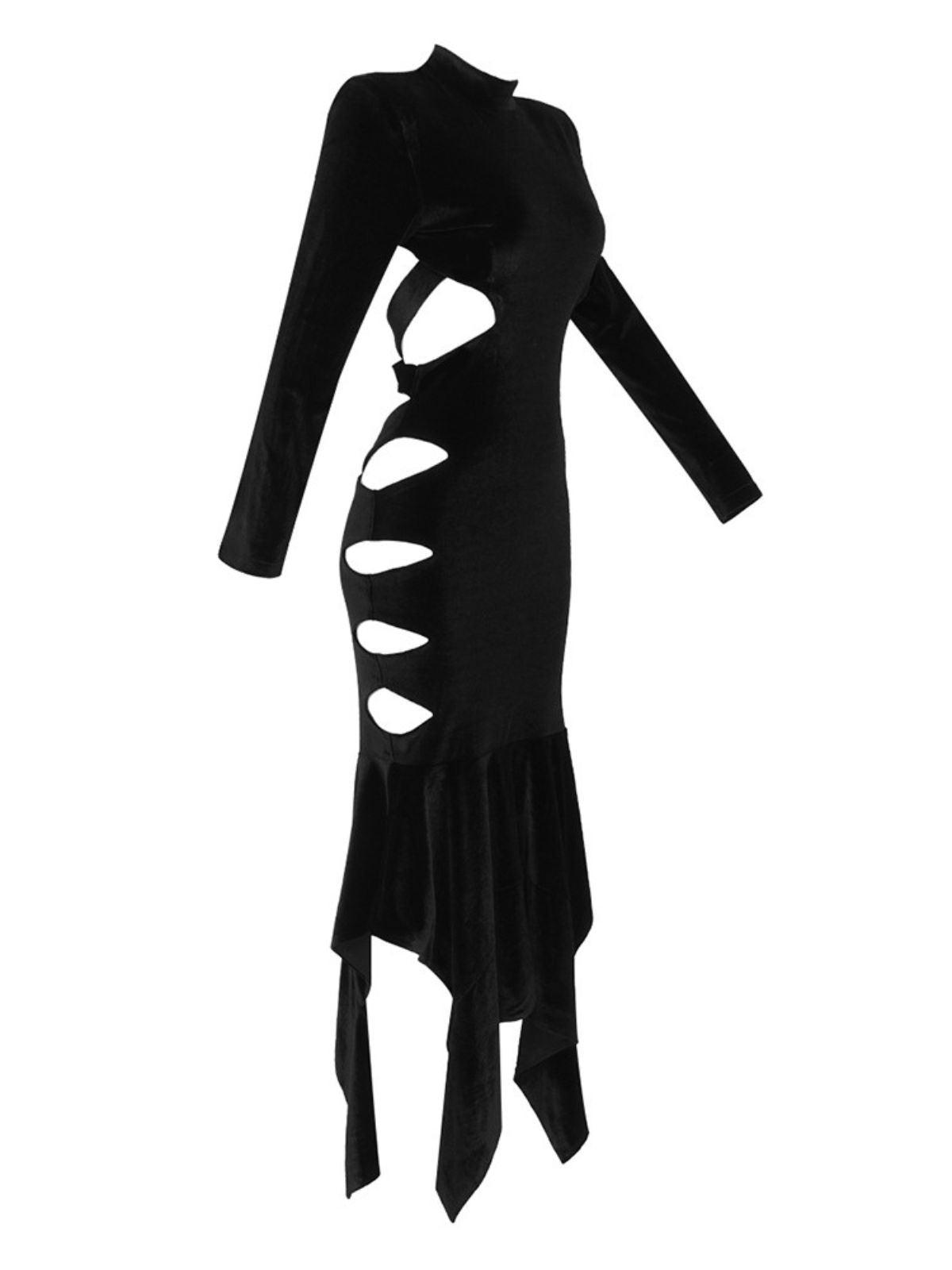 Black Long Sleeve Cutout Velvet Backless Midi Dress | Mix Mix Style [Hot Seller]-Mix MIx Style