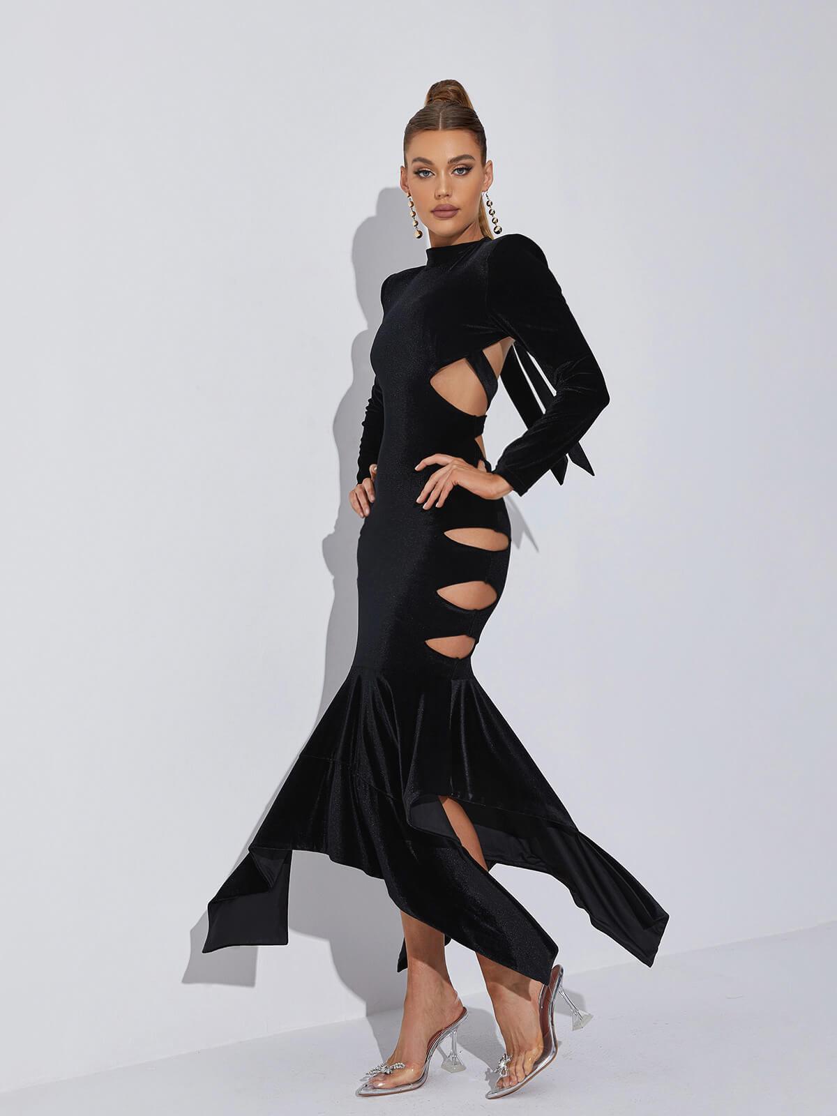 Black Long Sleeve Cutout Velvet Backless Midi Dress | Mix Mix Style [Hot Seller]-Mix MIx Style