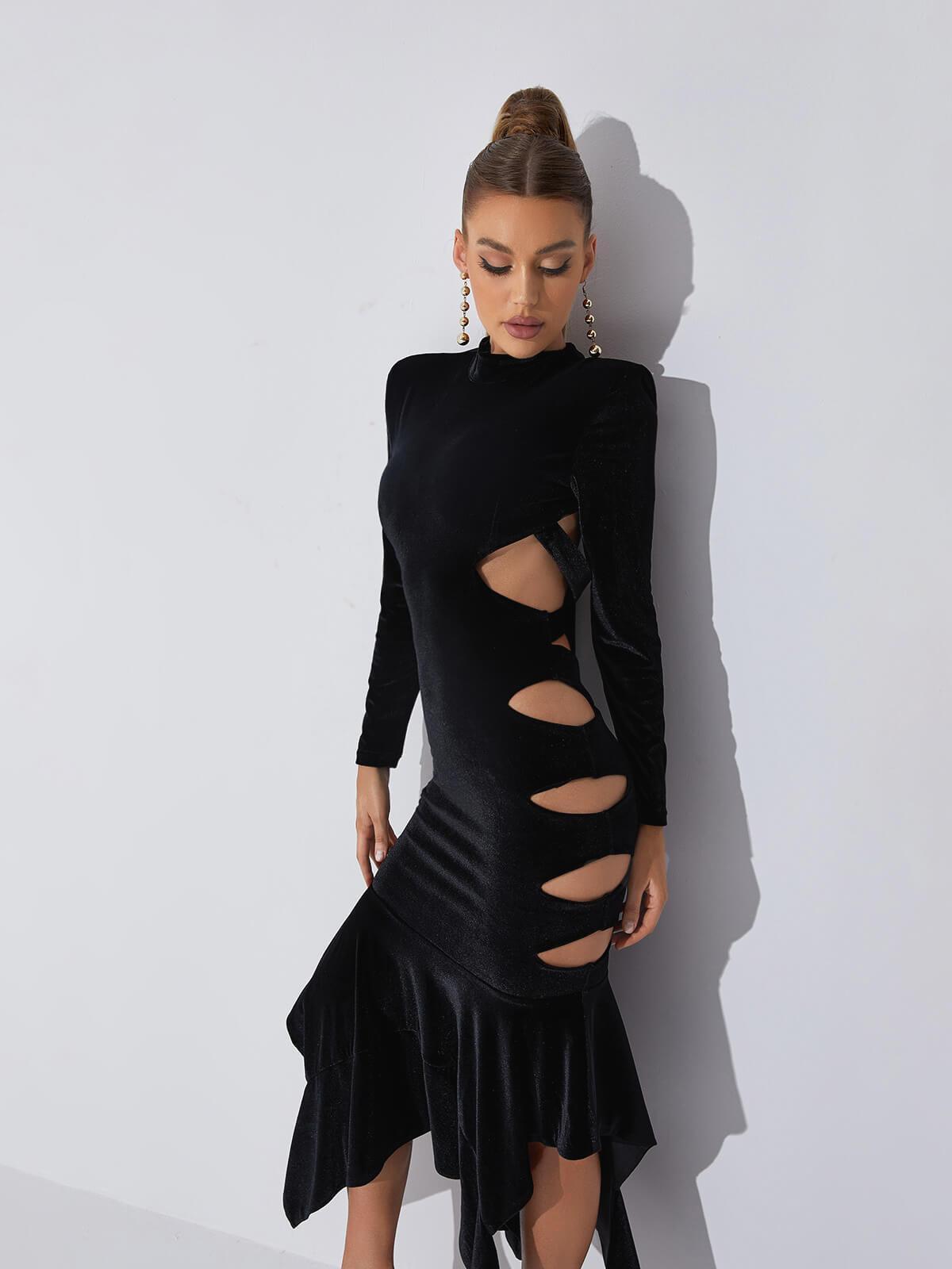 Black Long Sleeve Cutout Velvet Backless Midi Dress | Mix Mix Style [Hot Seller]-Mix MIx Style