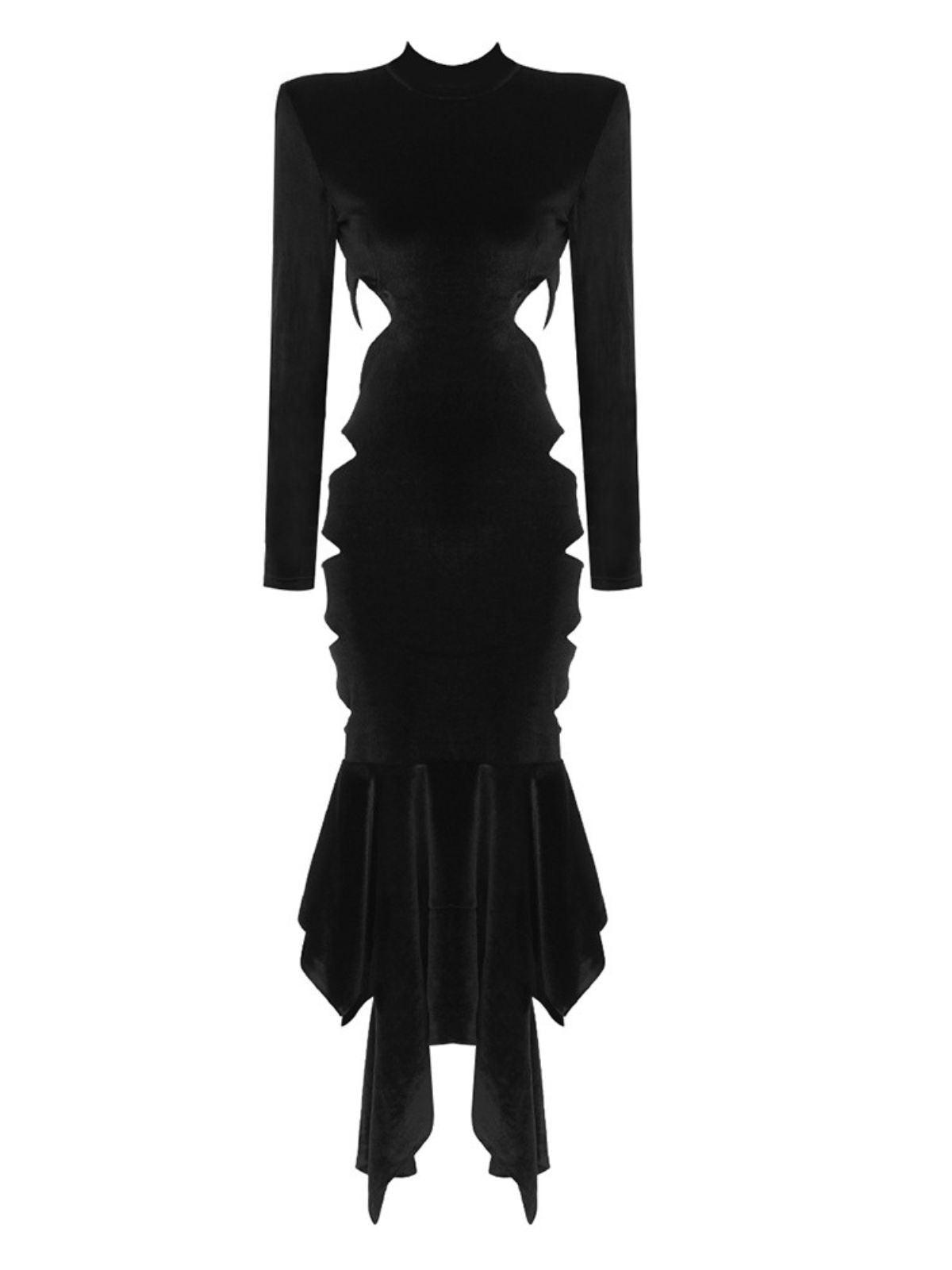 Black Long Sleeve Cutout Velvet Backless Midi Dress | Mix Mix Style [Hot Seller]-Mix MIx Style