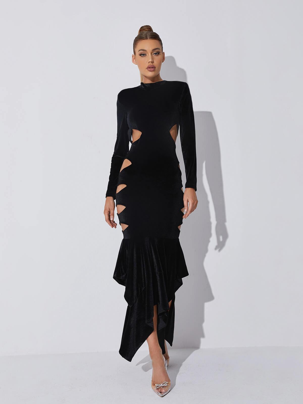 Black Long Sleeve Cutout Velvet Backless Midi Dress | Mix Mix Style [Hot Seller]-Mix MIx Style
