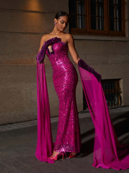Pink Strapless Sequin Maxi Dress With Gloves | Mix Mix Style [Hot Seller]-Mix MIx Style