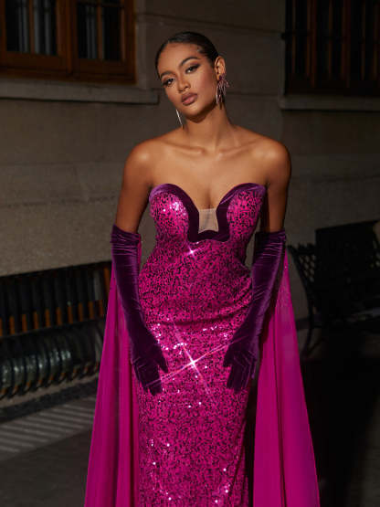 Pink Strapless Sequin Maxi Dress With Gloves | Mix Mix Style [Hot Seller]-Mix MIx Style