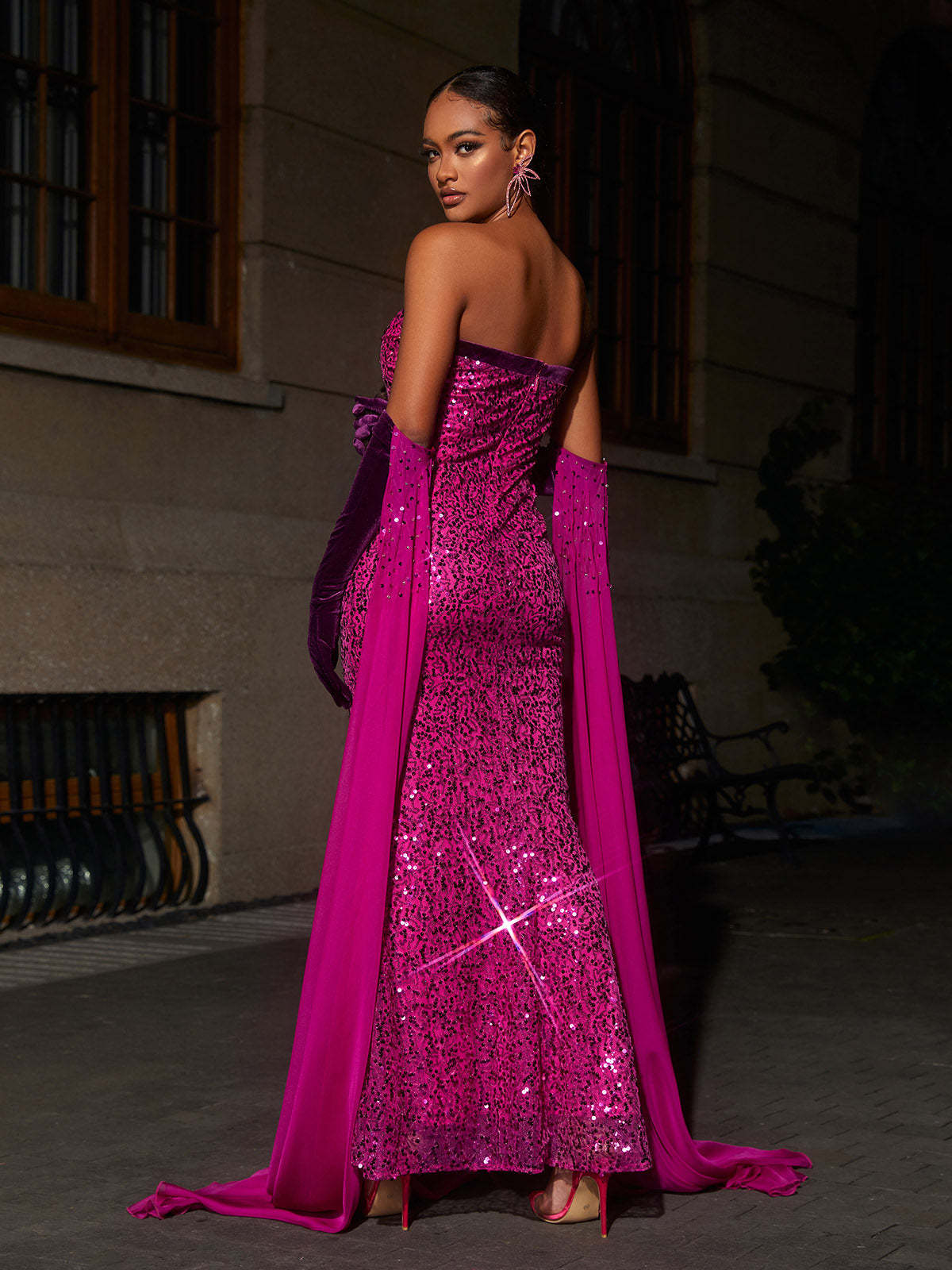 Pink Strapless Sequin Maxi Dress With Gloves | Mix Mix Style [Hot Seller]-Mix MIx Style