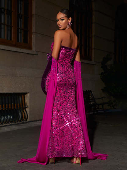 Pink Strapless Sequin Maxi Dress With Gloves | Mix Mix Style [Hot Seller]-Mix MIx Style