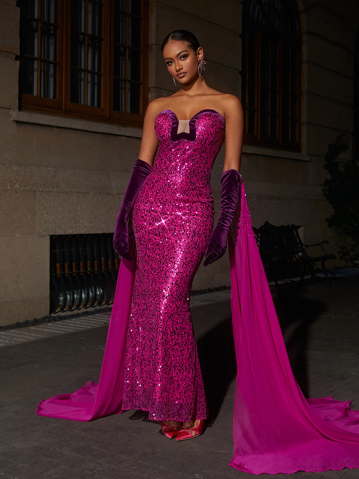 Pink Strapless Sequin Maxi Dress With Gloves | Mix Mix Style [Hot Seller]-Mix MIx Style