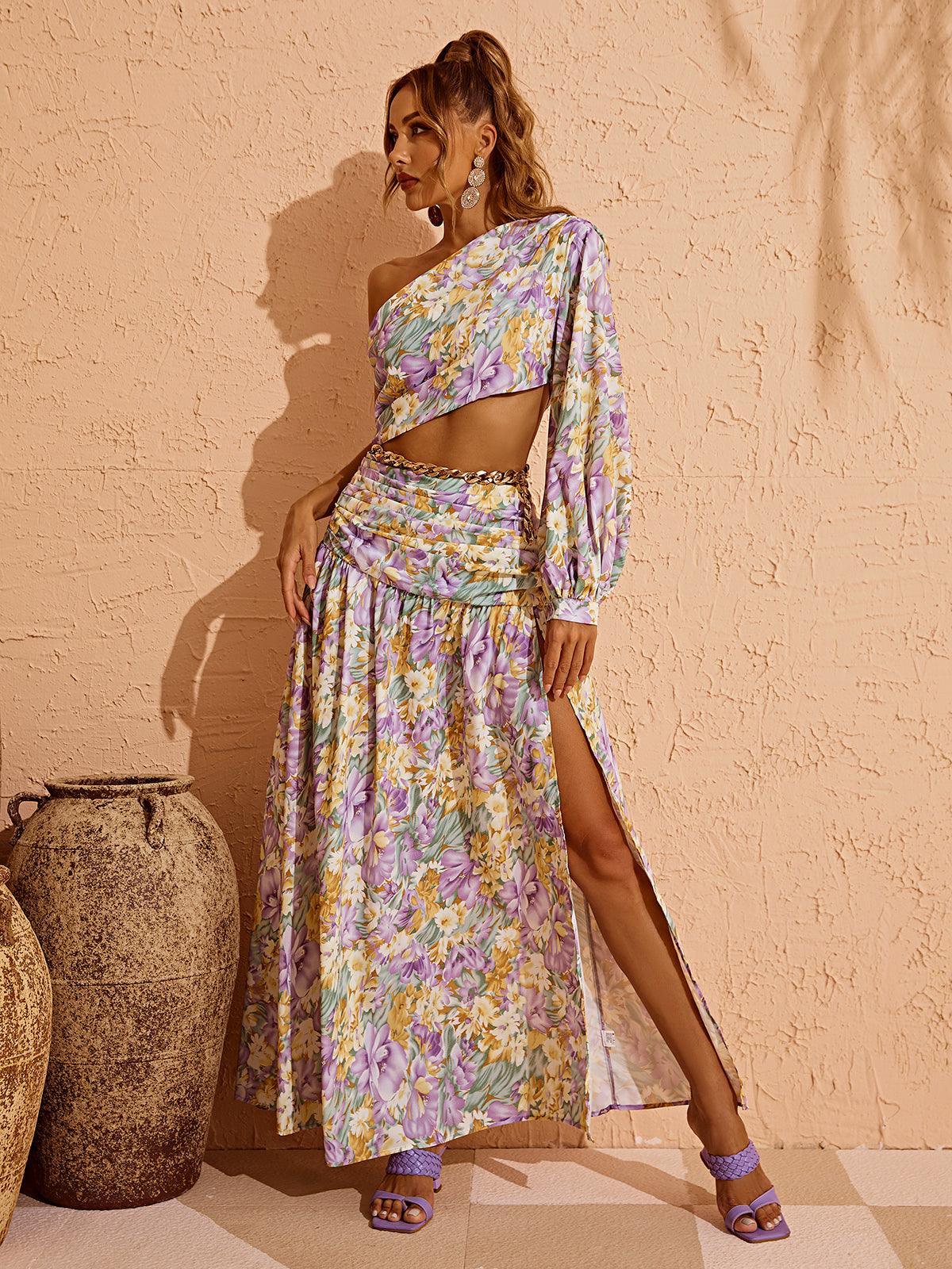 Annabella One Shoulder Floral Cutout Maxi Dress In Purple-Mix MIx Style