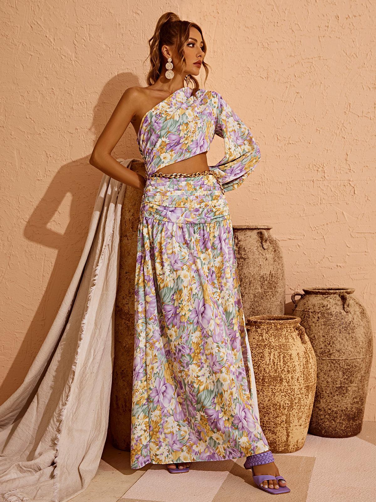 Annabella One Shoulder Floral Cutout Maxi Dress In Purple-Mix MIx Style