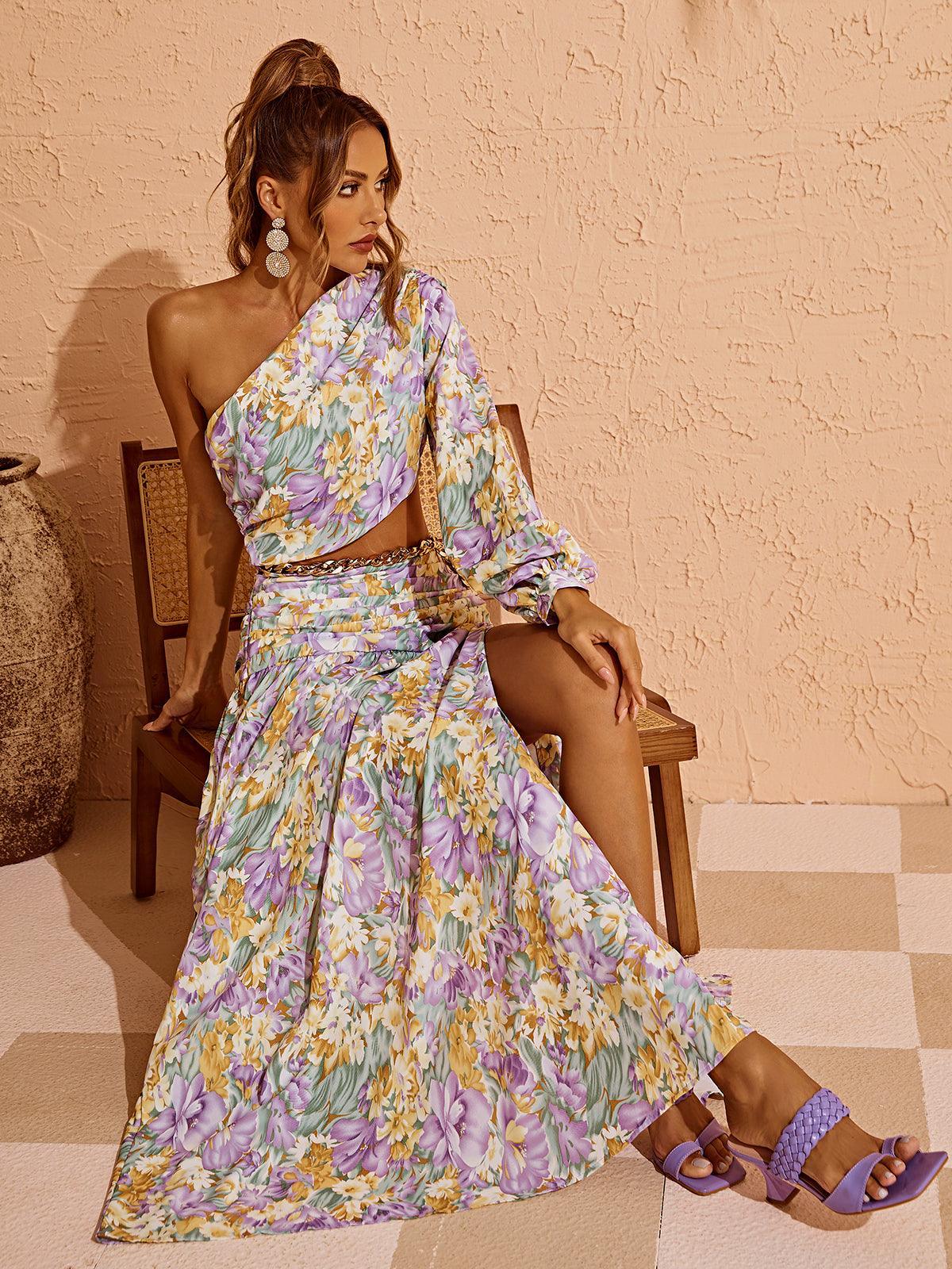 Annabella One Shoulder Floral Cutout Maxi Dress In Purple-Mix MIx Style