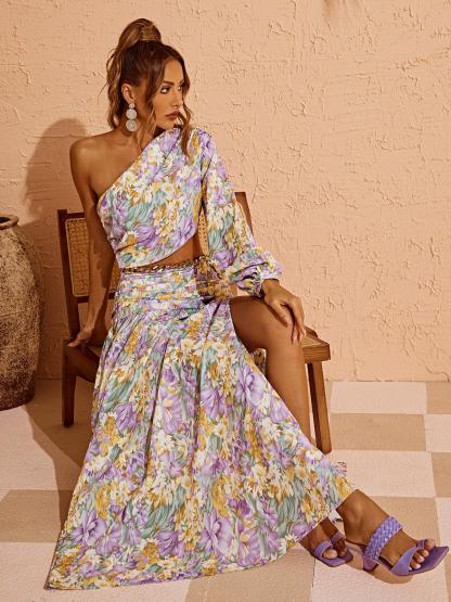 Annabella One Shoulder Floral Cutout Maxi Dress In Purple-Mix MIx Style