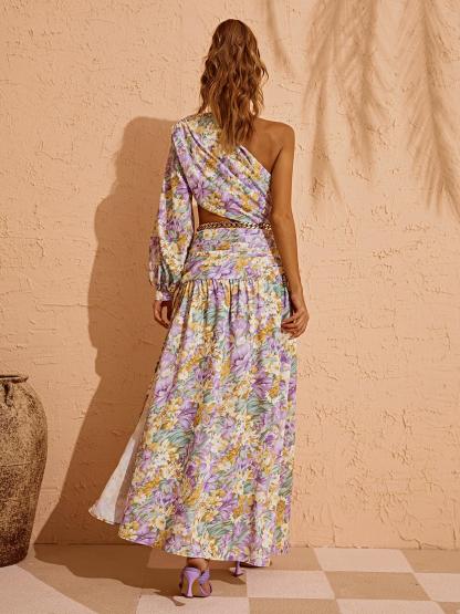 Annabella One Shoulder Floral Cutout Maxi Dress In Purple-Mix MIx Style