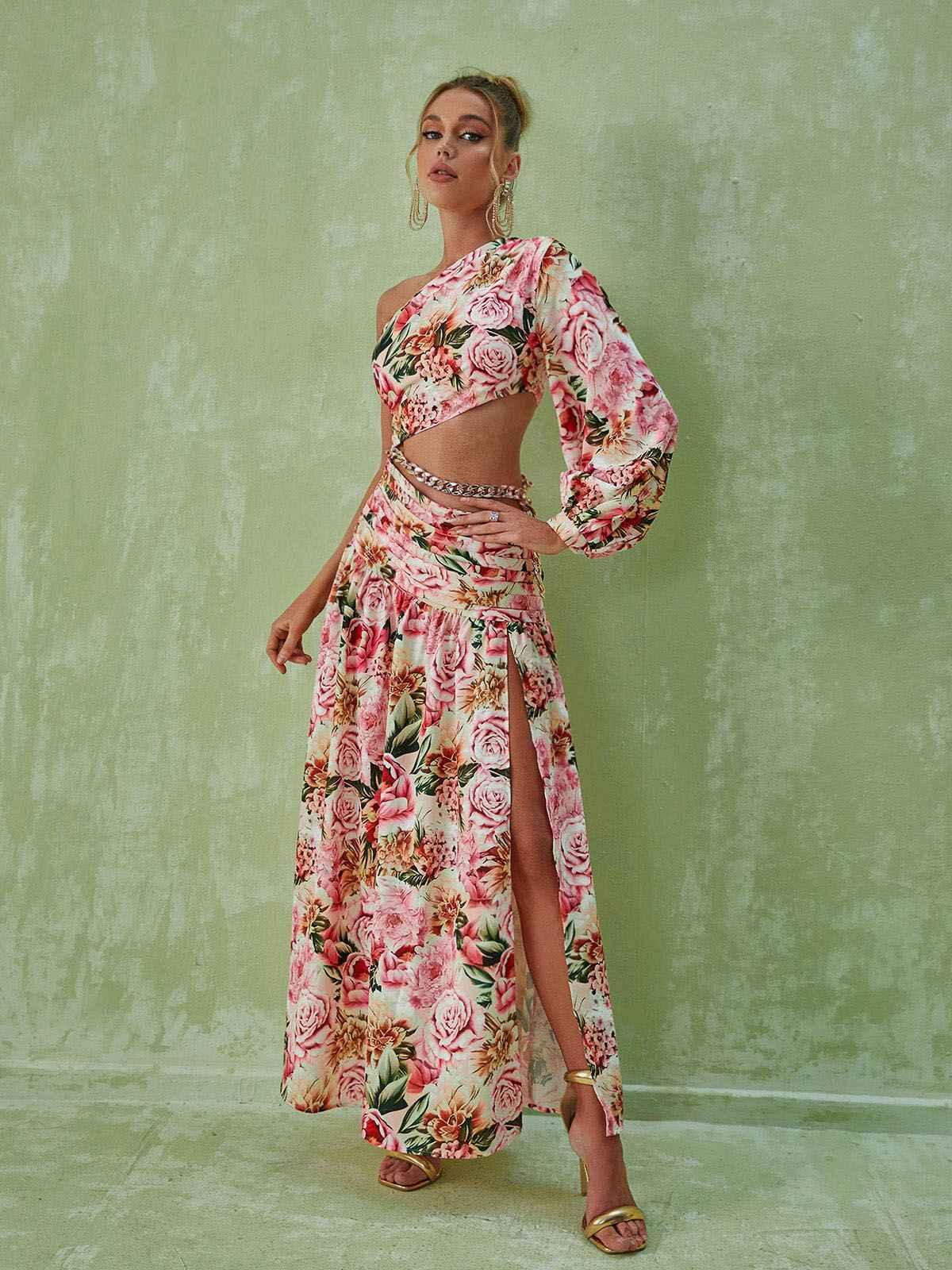 Annabella One Shoulder Floral Cutout Maxi Dress In Pink | Mix Mix Style [Hot Seller]-Mix MIx Style