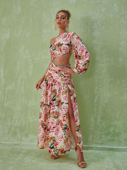 Annabella One Shoulder Floral Cutout Maxi Dress In Pink | Mix Mix Style [Hot Seller]-Mix MIx Style