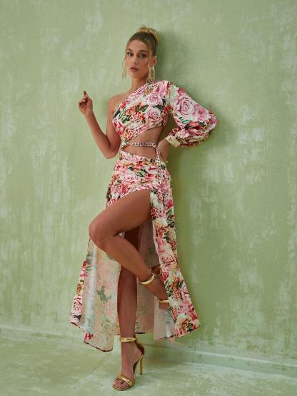 Annabella One Shoulder Floral Cutout Maxi Dress In Pink | Mix Mix Style [Hot Seller]-Mix MIx Style