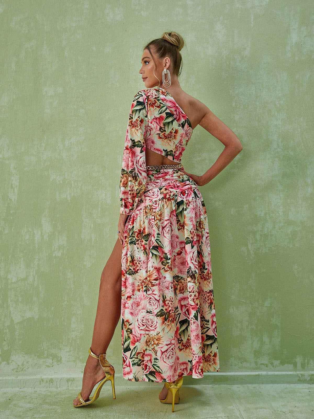 Annabella One Shoulder Floral Cutout Maxi Dress In Pink | Mix Mix Style [Hot Seller]-Mix MIx Style