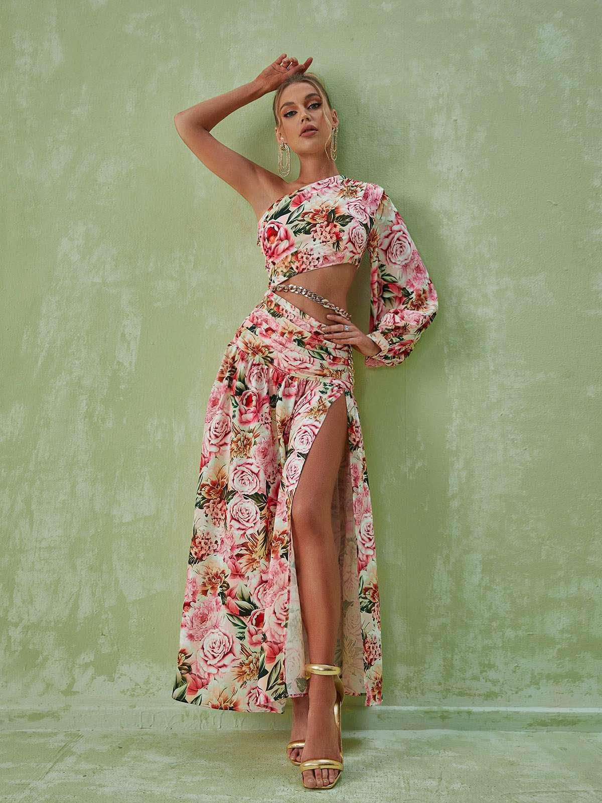 Annabella One Shoulder Floral Cutout Maxi Dress In Pink | Mix Mix Style [Hot Seller]-Mix MIx Style
