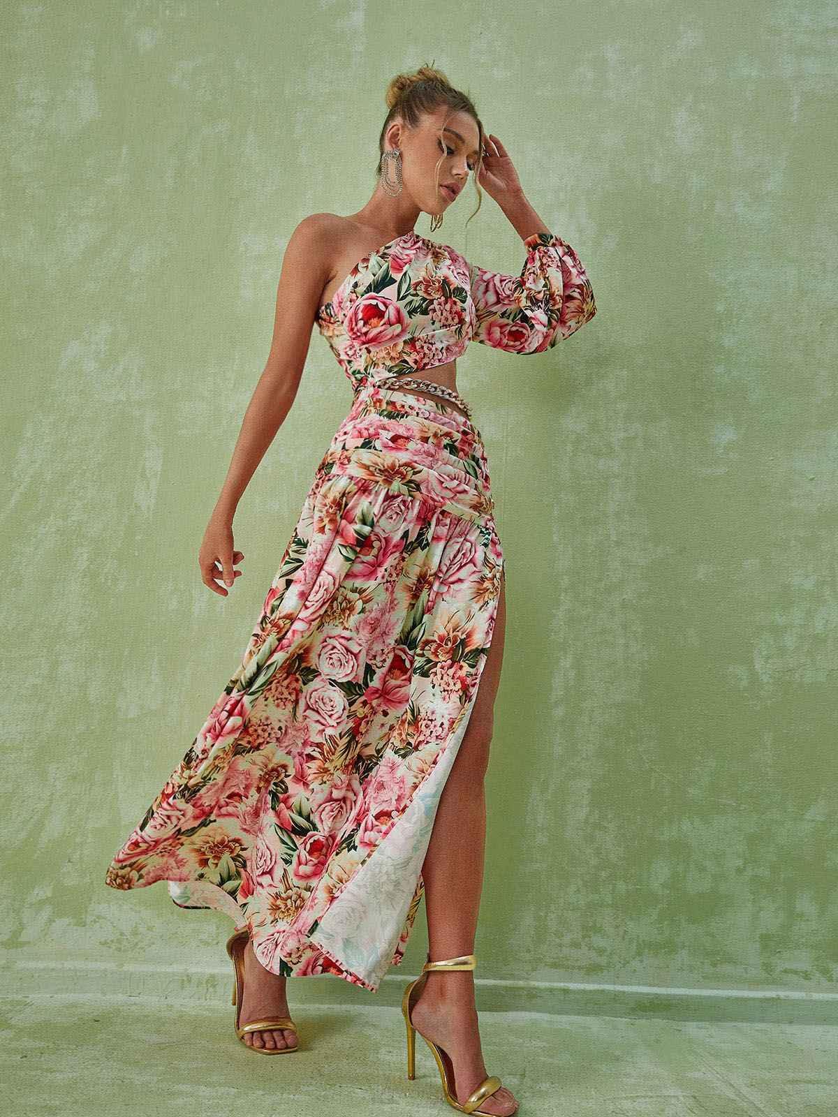 Annabella One Shoulder Floral Cutout Maxi Dress In Pink | Mix Mix Style [Hot Seller]-Mix MIx Style